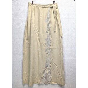 Vintage Tan Suede Leather Maxi Wrap Skirt w/ Embroidered Front Detail 29" Waist